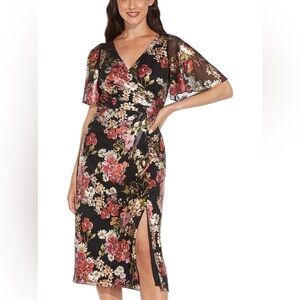 NWT Adrianna Papell Black Multi Foiled Mesh Draped Midi Dress Size 4